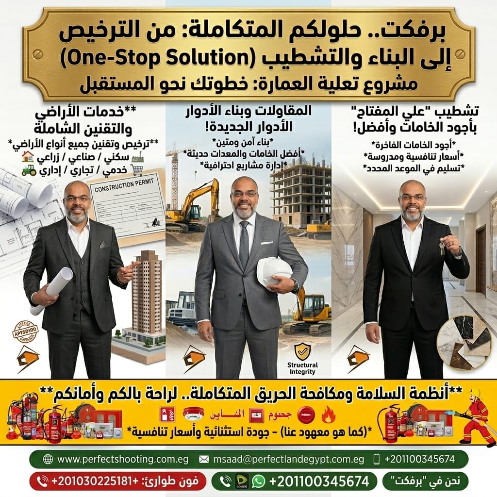 💥 شركة برفكت.. شريكك الاستراتيجي للحلول الشاملة (من الترخيص إلى التسليم)
نص المنشور:
يسعدنا في شركة برفكت أن نعلن عن توسع باقة خدماتنا المتكاملة، لنقدم لك الحل الأمثل والوحيد (One-Stop Solution) لكل ما يتعلق بالإنشاءات، والتراخيص، وتقنين الأراضي.
✅ لماذا تختار "برفكت" كشريك استراتيجي؟
نحن نجمع بين الخبرة العريقة، والسرعة في التنفيذ، والجودة الاستثنائية بأسعار تنافسية كما هو معهود عنا دائماً. إليك ما نقدمه لك:
🏢 أولاً: ريادة في التراخيص والبناء والتشطيب
إذا كنت تسعى لتطوير عقارك أو توسعته، فنحن نتولى المهمة بالكامل:
 * تراخيص التعلية والتقنين: دراسات هندسية دقيقة لضمان توسعة بناء آمن وقانوني، مع إنهاء كافة الإجراءات الحكومية بسرعة.
 * المقاولات وبناء الأدوار الجديدة: بناء آمن ومتين بإشراف هندسي متخصص، باستخدام أفضل الخامات والمعدات الحديثة.
 * تشطيب "علي المفتاح": أرقى التشطيبات الفاخرة بأجود الخامات، مع الالتزام التام بالموعد المحدد للتسليم.
 * أنظمة السلامة ومكافحة الحريق: تأمين عقارك بالكامل بأحدث أنظمة الإنذار والإطفاء المتكاملة.
⚖️ ثانياً: الحل الشامل لخدمات الأراضي والتقنين
الآن، نقدم لك خبرتنا العريقة في ترخيص وتقنين جميع أنواع الأراضي، لضمان استثمارك آمن وقانوني بنسبة 100%:
 * Lands Regularization: ترخيص وتقنين الأراضي بأنواعها المختلفة:
   * 🏠 سكني
   * 🏭 صناعي
   * 🚜 زراعي
   * 🛍️ خدمي
   * 📈 تجاري
   * 🏢 إداري
📞 تواصل معنا الآن وابدأ خطوتك نحو المستقبل!
✅ يمكنك مراسلتنا فوراً عبر الواتساب على نفس رقم اتصالات:
👉 201100345674+
📞 وللاتصالات المباشرة أو الطوارئ، يرجى الاتصال على:
👉 201030225181+
🌐 تصفح موقعنا الإلكتروني للمزيد: [www.perfectshooting.com.eg]
📧 أو راسلنا على البريد الإلكتروني: [msaad@perfectlandegypt.com.eg]
"برفكت.. نحول حلمك السكني والاستثماري إلى واقع متكامل من الترخيص إلى التسليم!"
#شركة_برفكت #تقنين_أراضي #تراخيص_بناء #مقاولات #تشطيب_فاخر # OneStopSolution #الاستثمار_العقاري #أراضي_صناعية #أراضي_زراعية #أراضي_تجارية #أراضي_سكنية #سلامة_وإطفاء #برفكت_للخدمات_المتكاملة